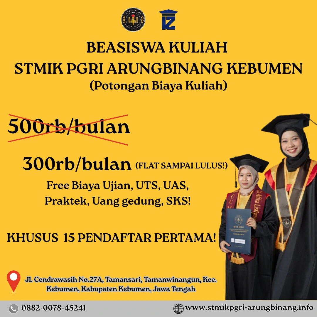 Beasiswa Yayasan Stmik Pgri Arungbinang Kebumen (Potongam Biaya Kuliah) Sampai Lulus